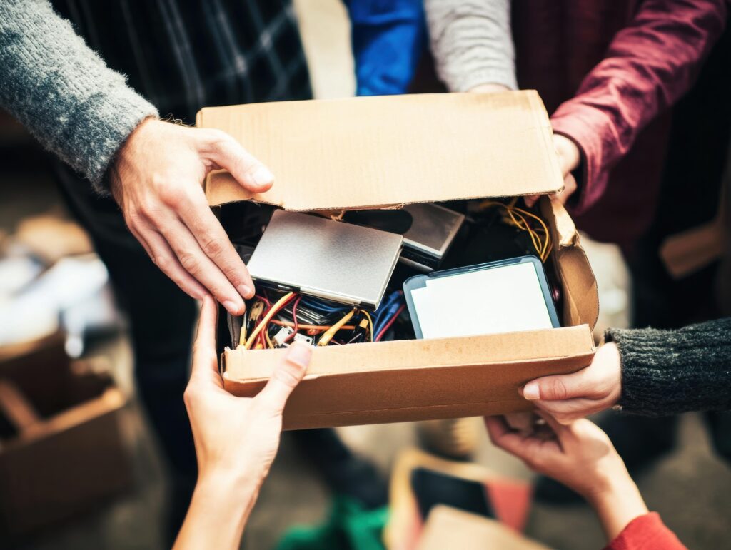 Hands Sharing a Box of Recycled Electronics for Reuse and E-waste Recycling
