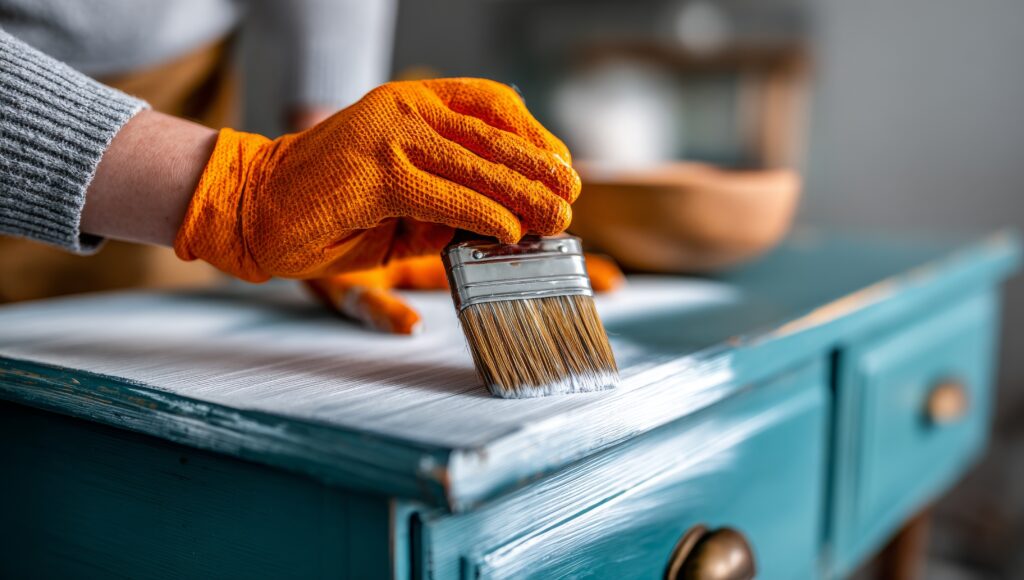 In a sustainable home improvement project, old kitchen cabinets are being painted white by a person wearing orange gloves, who is carefully holding a paintbrush to apply the paint to the antique