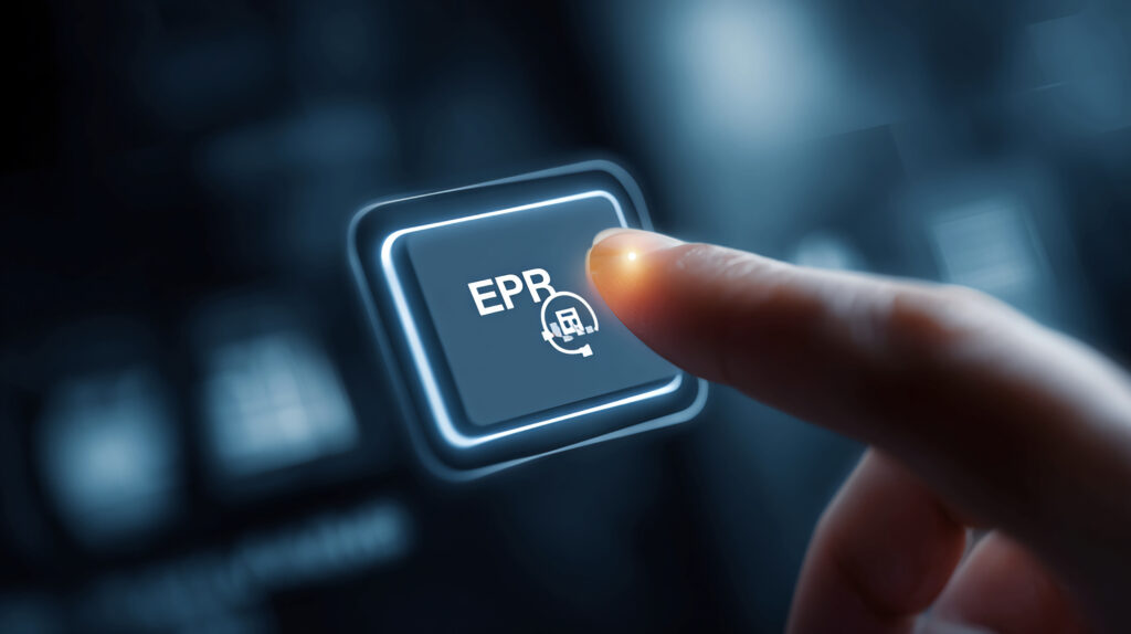 Finger pressing a glowing EPR button with a recycling icon on a dark, blurred background.